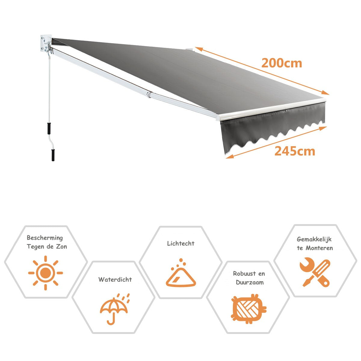 LIVSK Intrekbare Luifel - Verstelbare Hoek 40-100° - Duurzaam Aluminium en Polyester - Eenvoudig te Installeren - 245 x 200 cm -