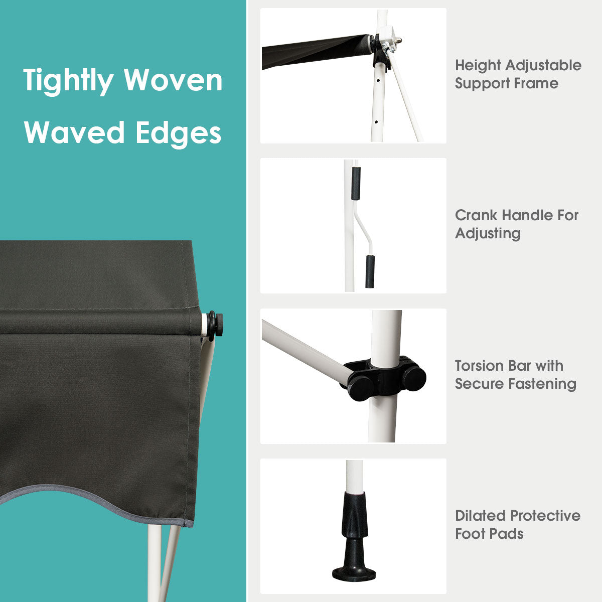 LIVSK Intrekbare Zonneluifel met Slinger - Verstelbaar - Weerbestendig - Aluminium Frame - 150 x 120 cm - Grijs