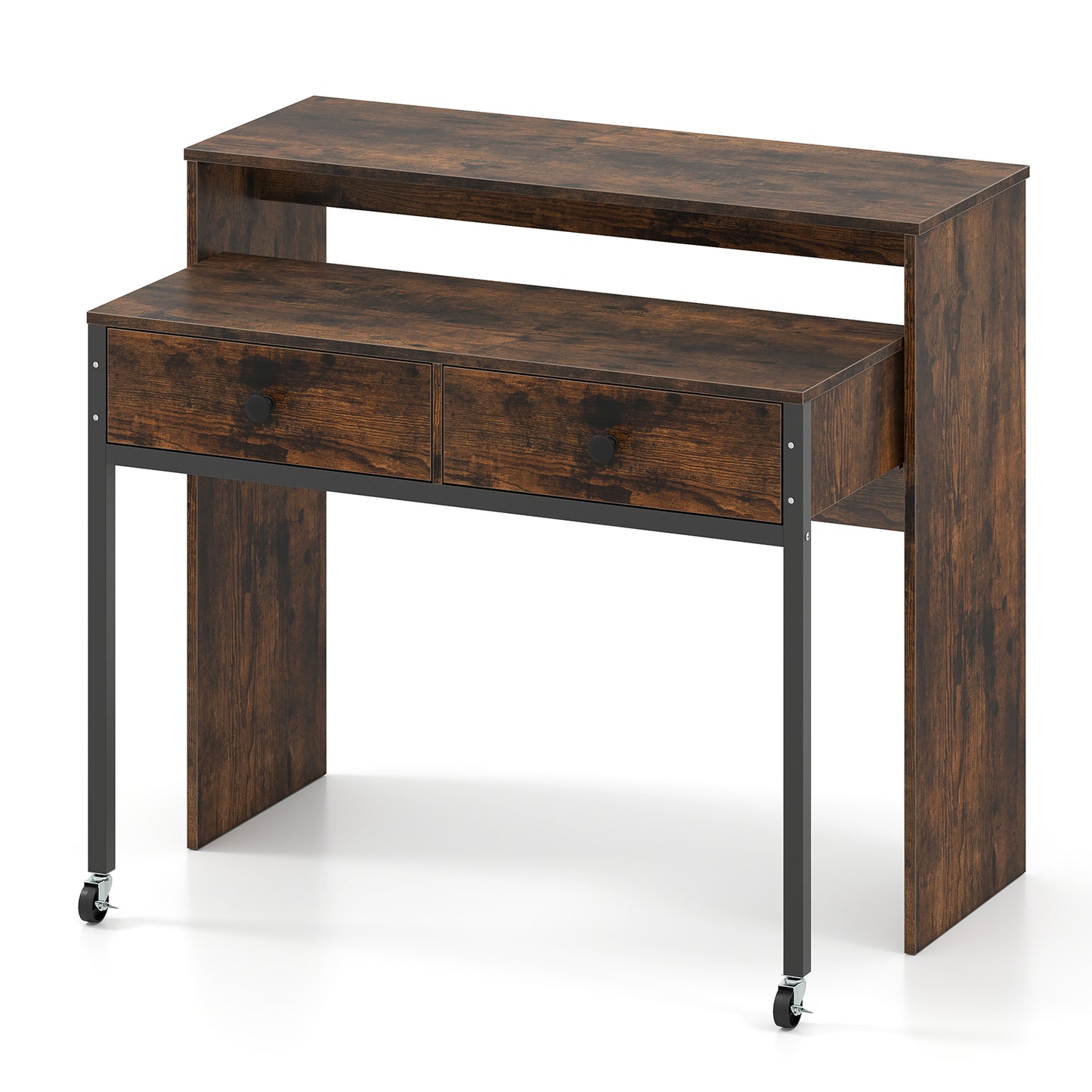 LIVSK Uitschuifbaar Bureau - Met 2 Lades en Vergrendelbare Wielen - Ruimtebesparend - 100 x 63 x 88 cm - Rustiek bruin