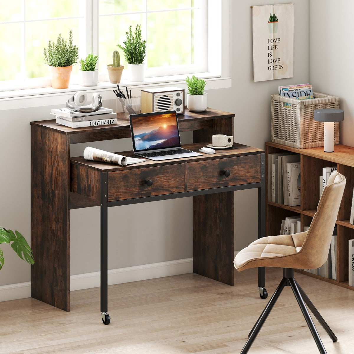 LIVSK Uitschuifbaar Bureau - Met 2 Lades en Vergrendelbare Wielen - Ruimtebesparend - 100 x 63 x 88 cm - Rustiek bruin