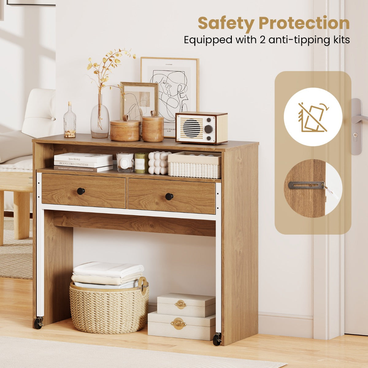 LIVSK Uitschuifbaar Bureau - Multifunctioneel met 2 Lades en Vergrendelbare Wielen - 100 x 63 x 88 cm - Natuurlijk