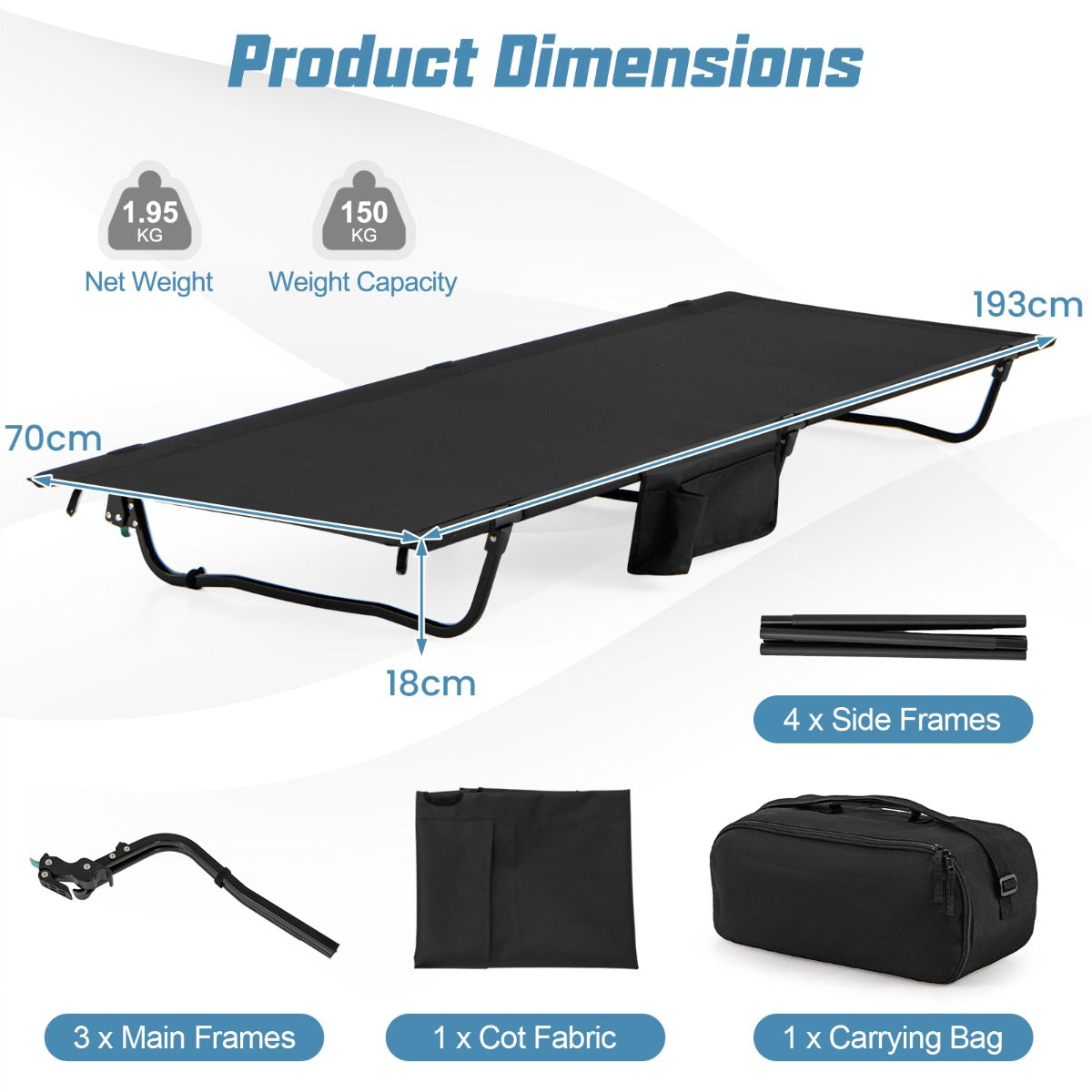 LIVSK Opvouwbaar Campingbed - Draagvermogen 150 kg - Kussencompartiment - Zijvak - Lichtgewicht - 193 x 70 x 18 cm - Zwart