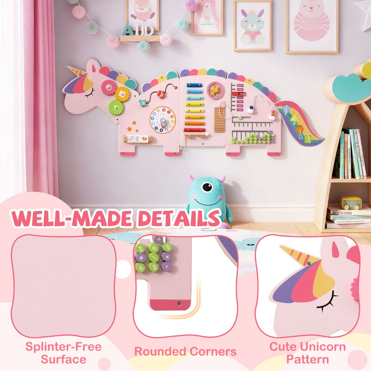 Livsk costway unicorn activity board busy board panel geschikt voor peuters 11 in 1 montessori houten sensorisch bord 4 2