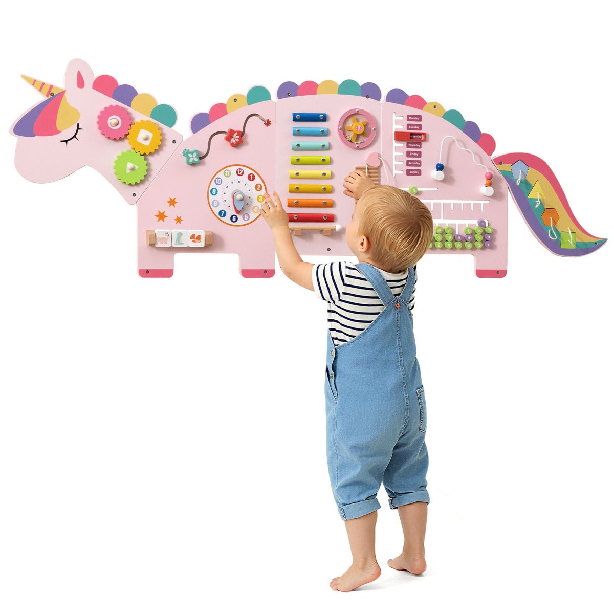 Livsk costway unicorn activity board busy board panel geschikt voor peuters 11 in 1 montessori houten sensorisch bord 2