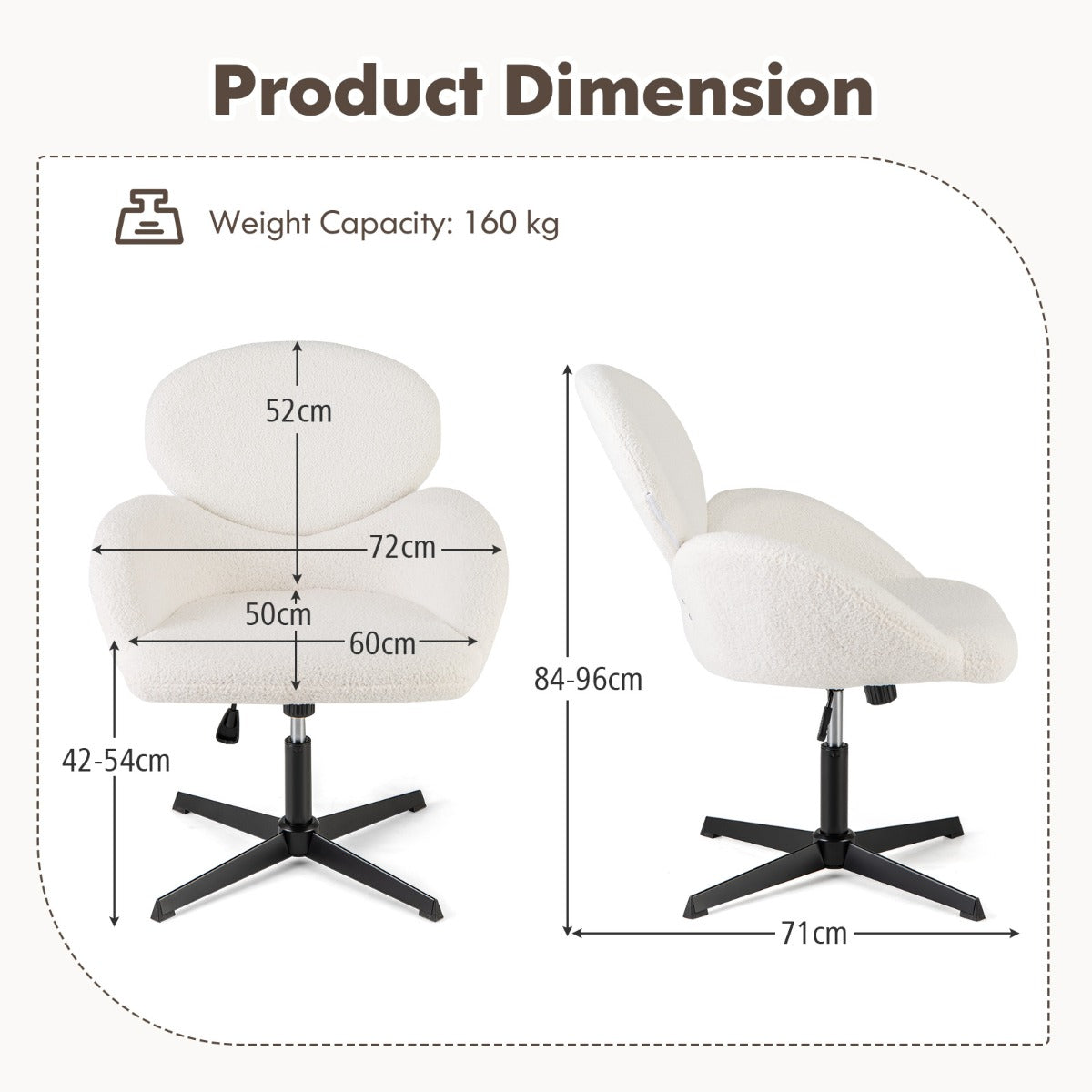 LIVSK Ergonomische Bureaustoel - Brede Zitting 60 x 50 cm - Verstelbare Zithoogte 42-54 cm - Kantelfunctie - Draaibaar - Wit