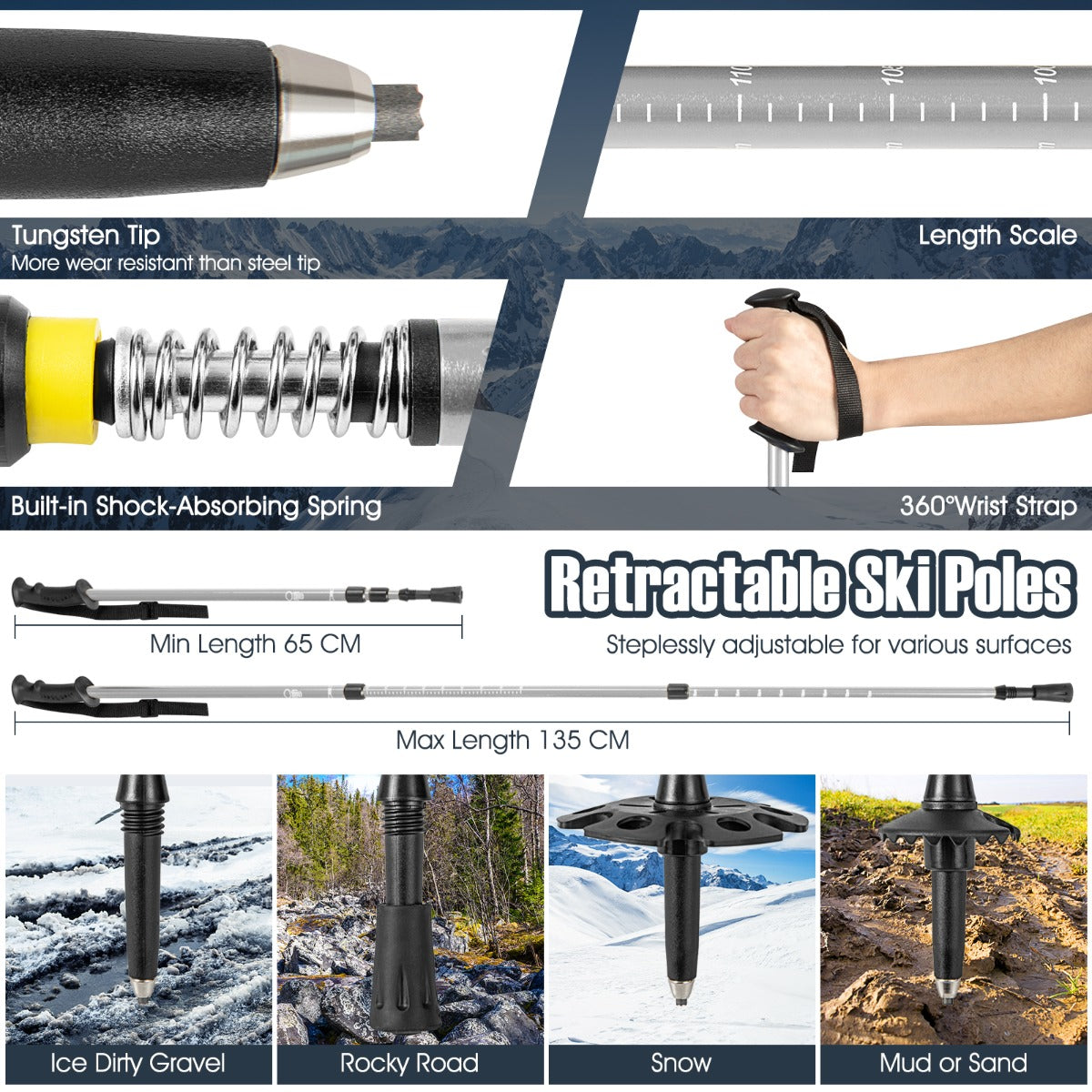 LIVSK Sneeuwschoenen-set - Robuust Aluminium - PE-bekleding tot -40℃ - Verstelbare Trekkingstokken - Inclusief Draagtas - Zilver