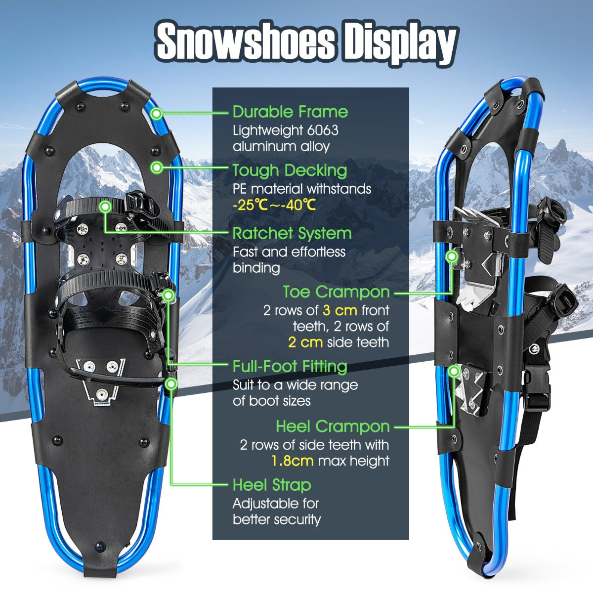 LIVSK Sneeuwschoenenset - Lichtgewicht Aluminium Frame - PE-bekleding tot -40℃ - Verstelbare Trekkingstokken - 63 cm - Blauw