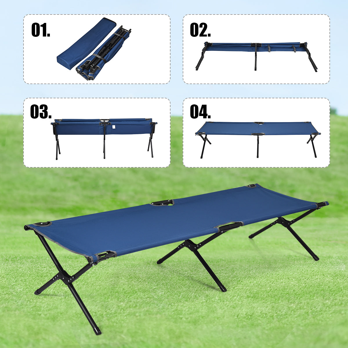 LIVSK Opvouwbaar Campingbed - Robuust Metaal - Draagvermogen 136 kg - 190 x 67 x 42 cm - Inclusief Draagtas - Blauw