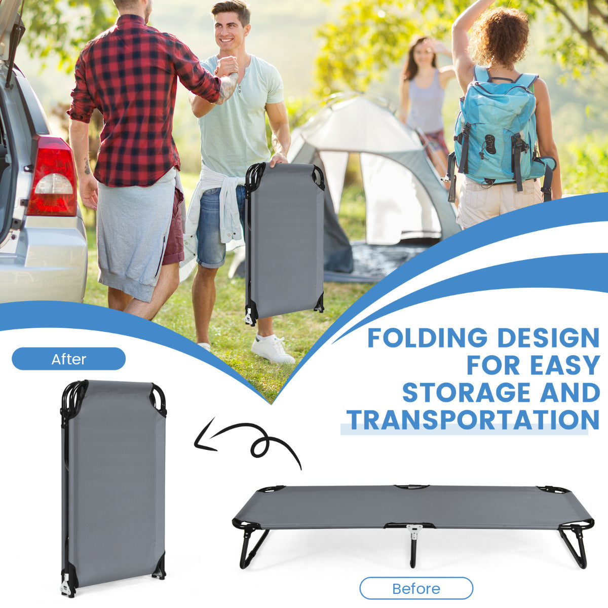 LIVSK Opvouwbaar Campingbed - Draagvermogen 150 kg - Duurzaam Metalen Frame - Ademend Oxford - Ideaal voor Kamperen - Grijs