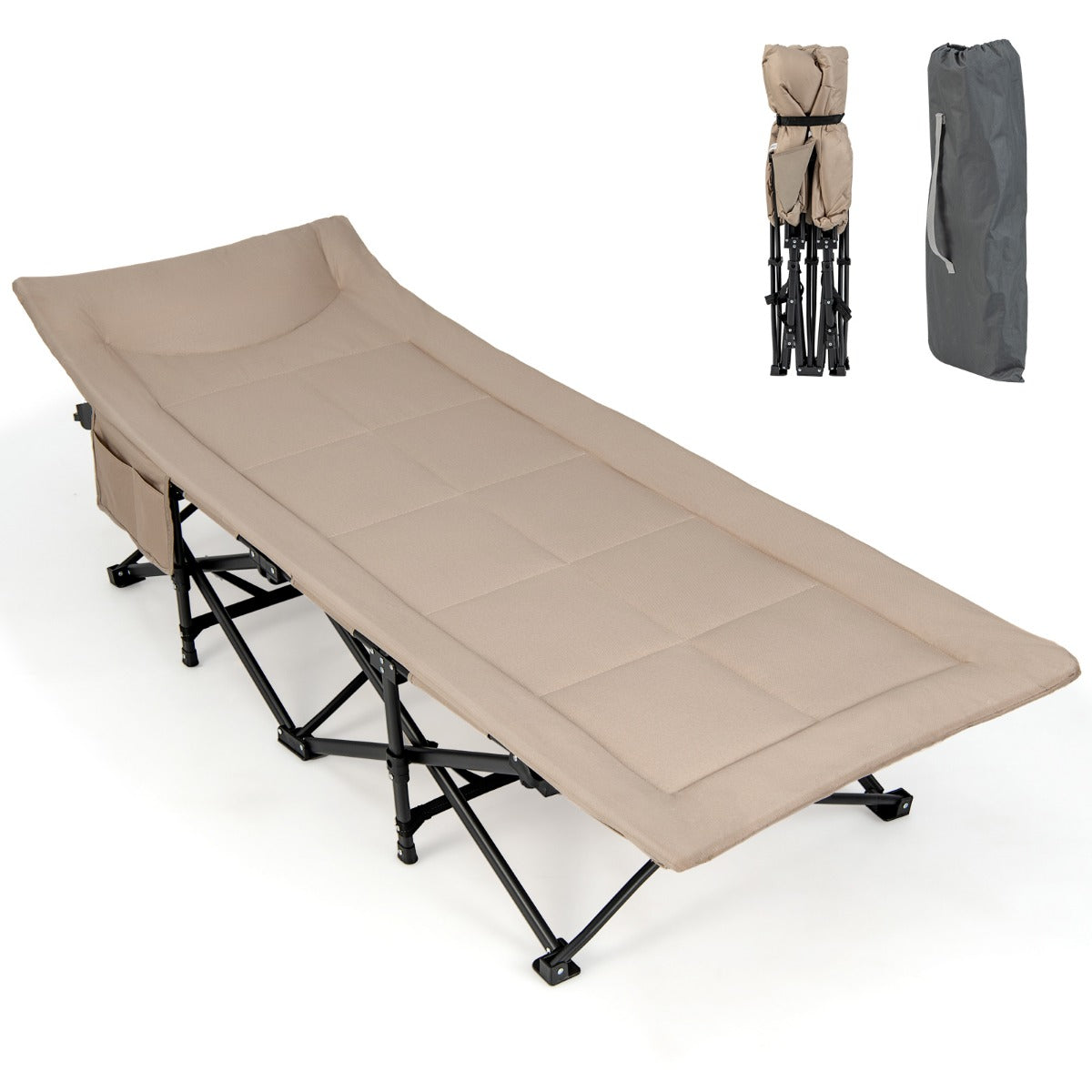 LIVSK Inklapbaar Campingbed met Hoofdsteun - Stabiel Metalen Frame - 10 Steunpunten - Draagtas - Tot 200 kg - Kaki