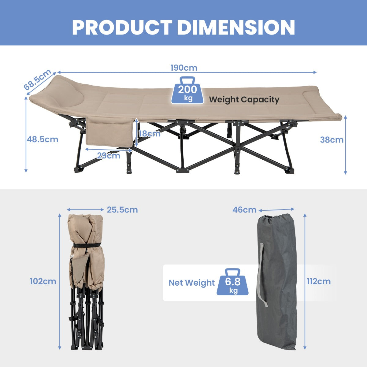 LIVSK Inklapbaar Campingbed met Hoofdsteun - Stabiel Metalen Frame - 10 Steunpunten - Draagtas - Tot 200 kg - Kaki