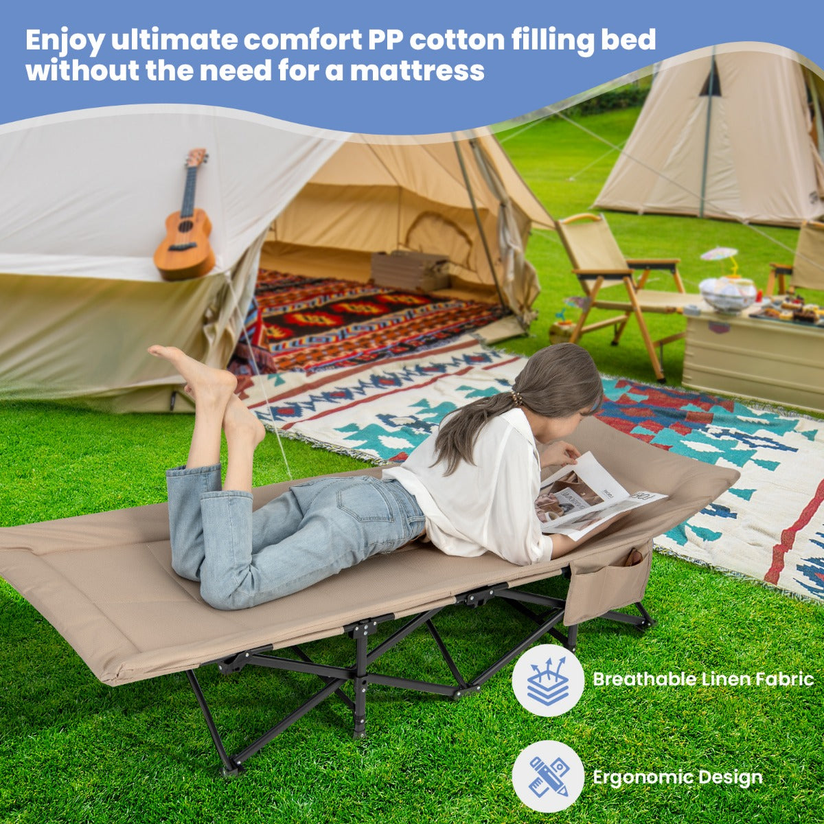 LIVSK Inklapbaar Campingbed met Hoofdsteun - Stabiel Metalen Frame - 10 Steunpunten - Draagtas - Tot 200 kg - Kaki