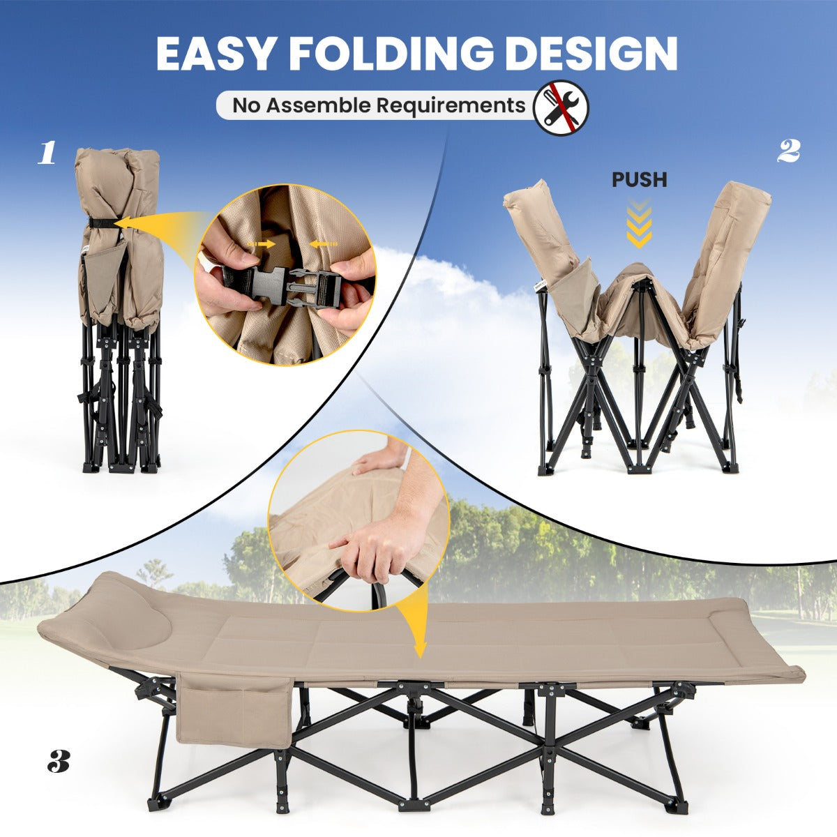 LIVSK Inklapbaar Campingbed met Hoofdsteun - Stabiel Metalen Frame - 10 Steunpunten - Draagtas - Tot 200 kg - Kaki