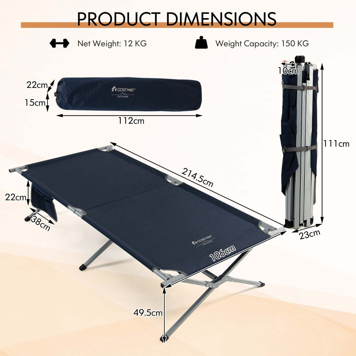 LIVSK Opvouwbaar Campingbed XXL 214,5 x 42 x 49,5 cm - Draagbaar tot 150 kg - Waterdicht Oxford-stof - Inclusief draagtas - Blauw