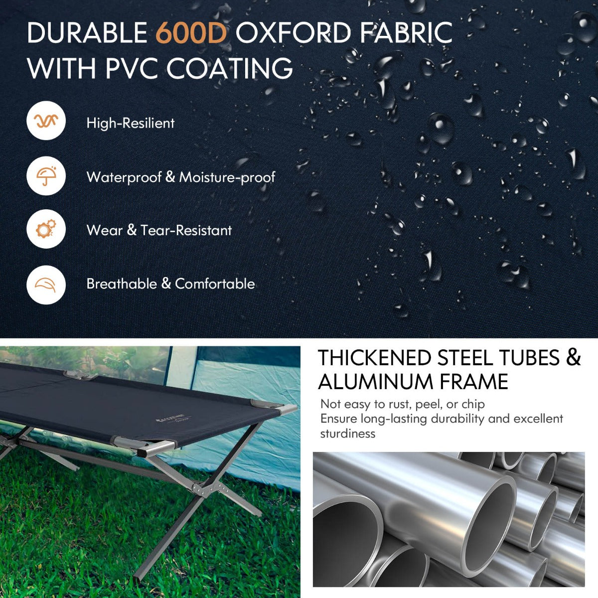 LIVSK Opvouwbaar Campingbed XXL 214,5 x 42 x 49,5 cm - Draagbaar tot 150 kg - Waterdicht Oxford-stof - Inclusief draagtas - Blauw