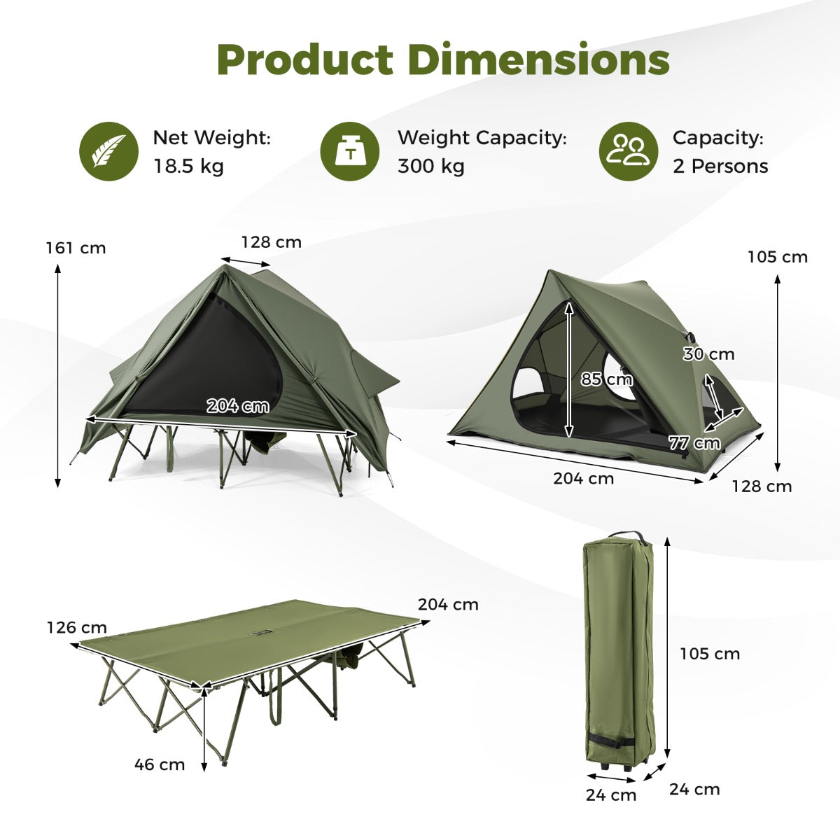 LIVSK Multifunctionele Campingset - 2-Persoons Bed en Opklapbare Tent - Waterdicht met Opbergtas - Eenvoudige Montage - Groen
