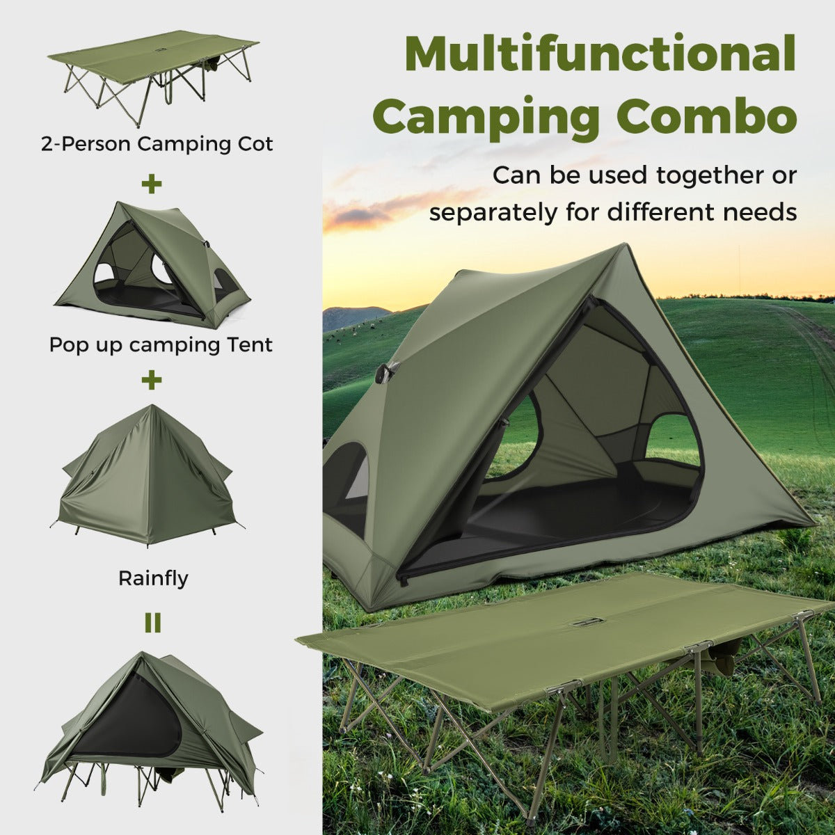 LIVSK Multifunctionele Campingset - 2-Persoons Bed en Opklapbare Tent - Waterdicht met Opbergtas - Eenvoudige Montage - Groen