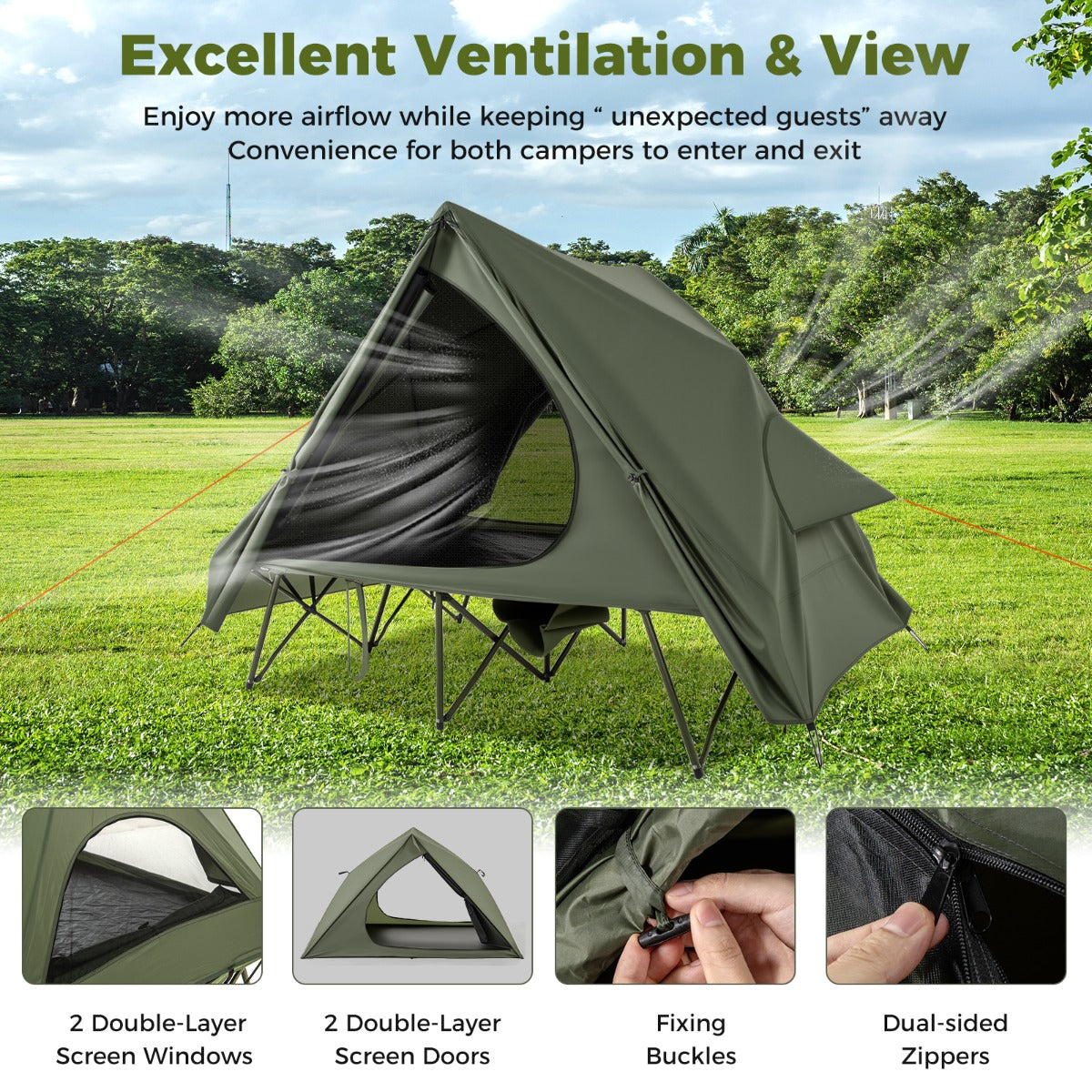 LIVSK Multifunctionele Campingset - 2-Persoons Bed en Opklapbare Tent - Waterdicht met Opbergtas - Eenvoudige Montage - Groen