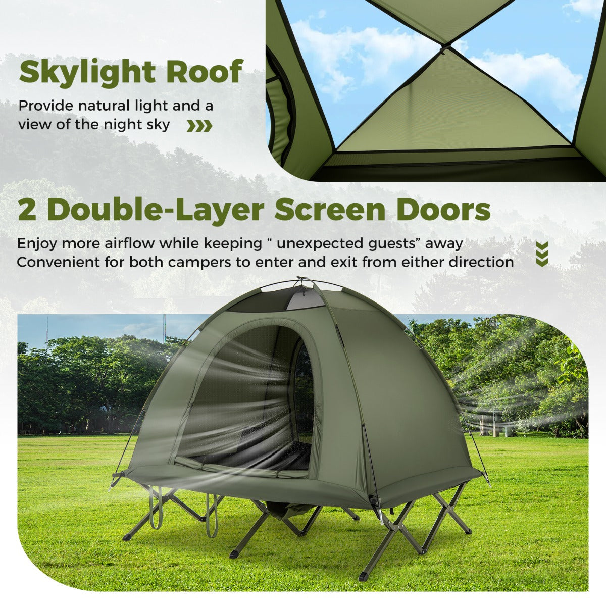 LIVSK 2-persoons Campingbed met Tent en Regenhuif - Waterbestendig - Eenvoudig op te zetten - Draagcapaciteit 300 kg - Groen