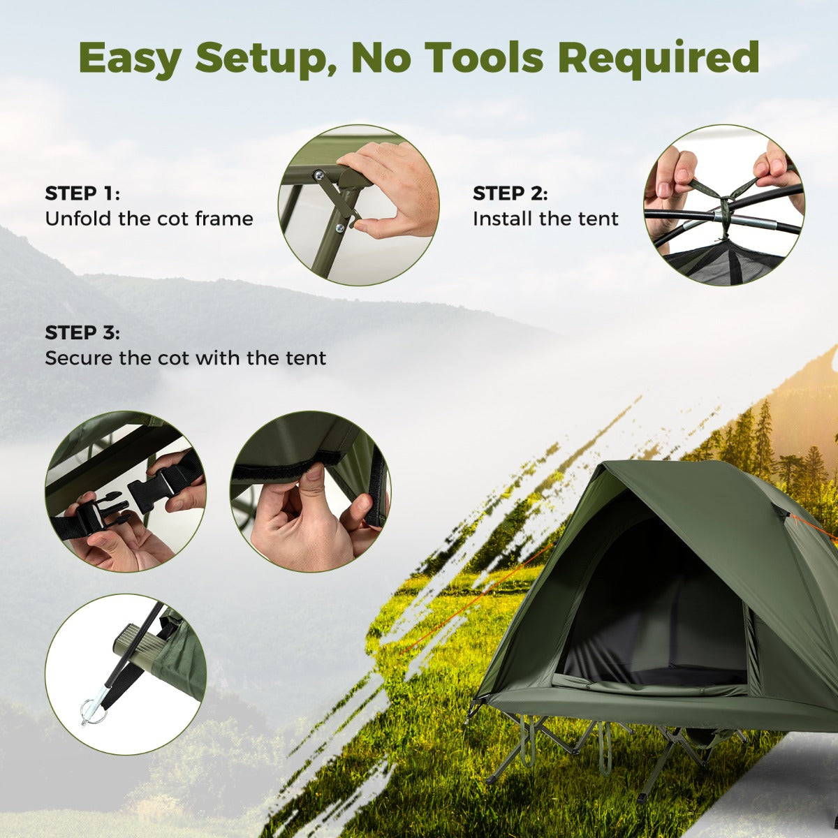 LIVSK 2-persoons Campingbed met Tent en Regenhuif - Waterbestendig - Eenvoudig op te zetten - Draagcapaciteit 300 kg - Groen