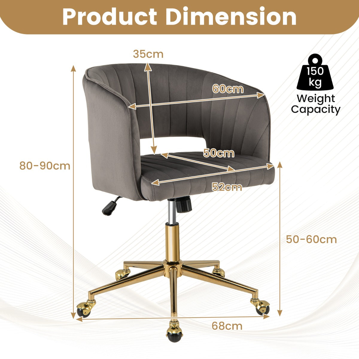 LIVSK Draaibare Fluwelen Bureaustoel - Getufte Rugleuning - Verstelbaar en Kantelbaar - Luxe Gouden Basis - 68 x 60 x 80-90 cm -
