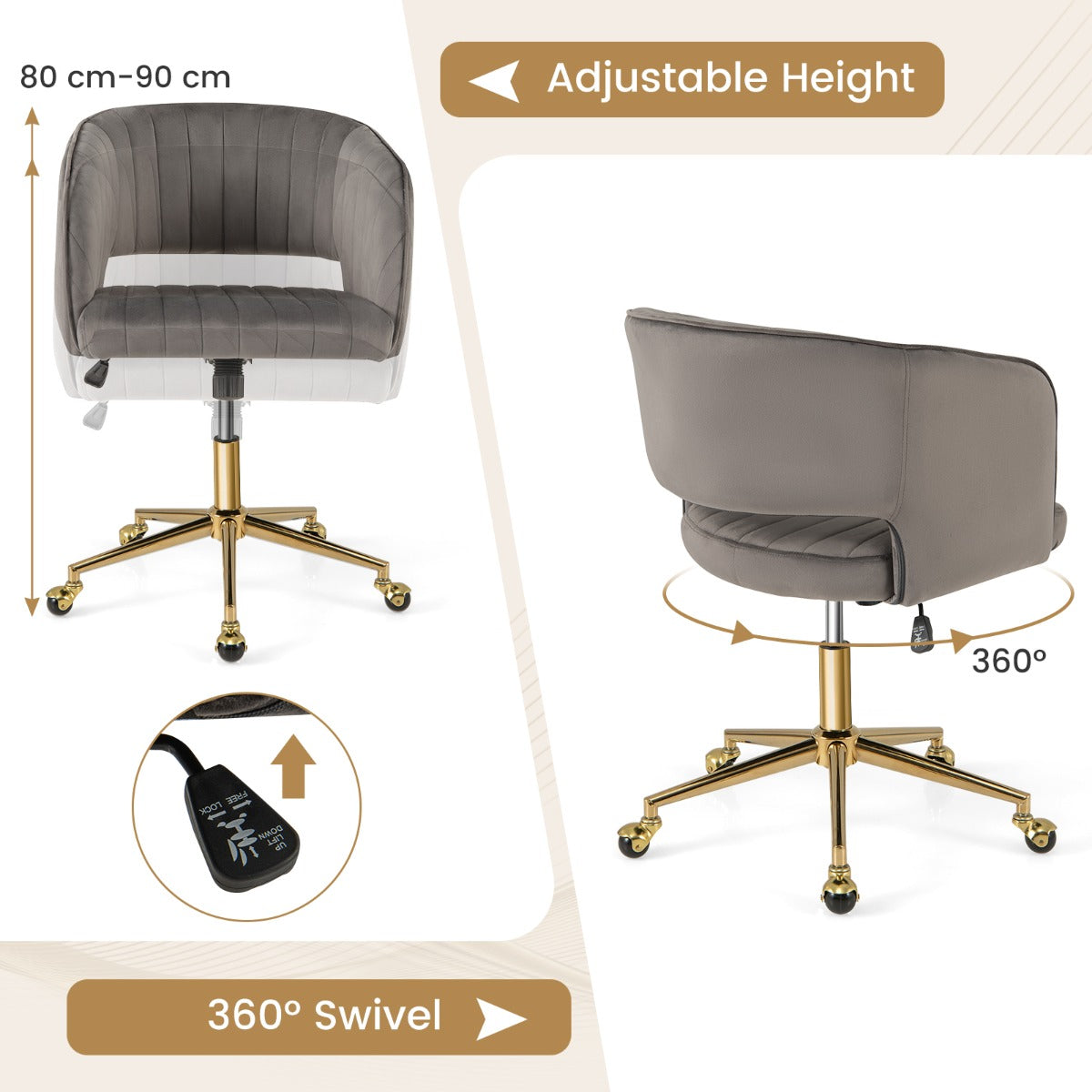 LIVSK Draaibare Fluwelen Bureaustoel - Getufte Rugleuning - Verstelbaar en Kantelbaar - Luxe Gouden Basis - 68 x 60 x 80-90 cm -