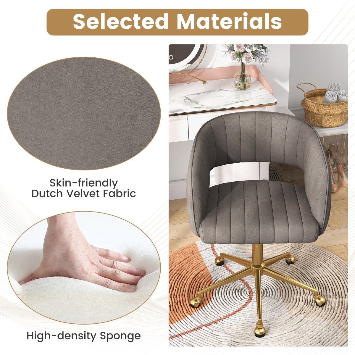 LIVSK Draaibare Fluwelen Bureaustoel - Getufte Rugleuning - Verstelbaar en Kantelbaar - Luxe Gouden Basis - 68 x 60 x 80-90 cm -