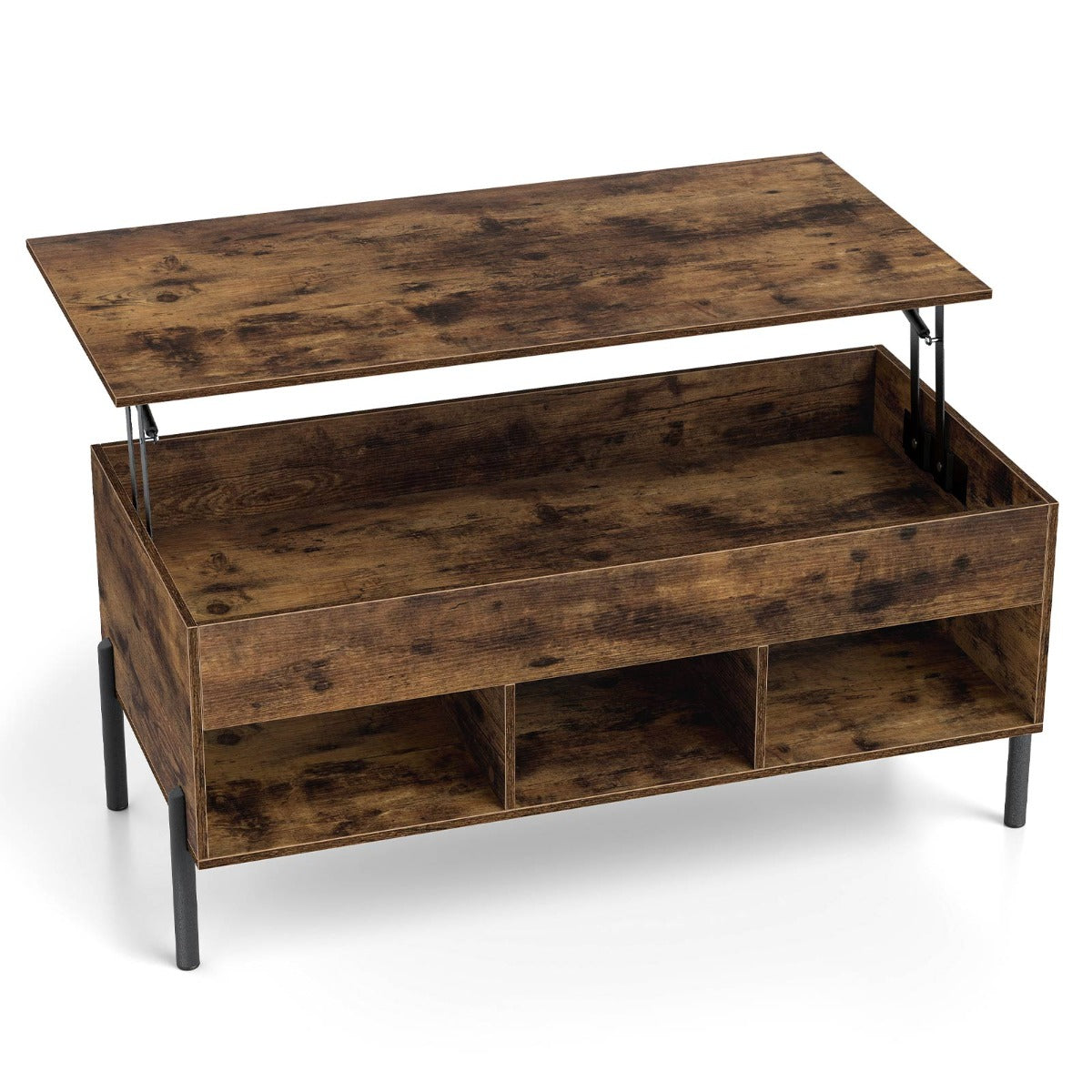 Livsk costway verhoogbare salontafel verhoogbare salontafel met breed tafelblad verborgen opbergvak en 3 open opbergvakken bruin