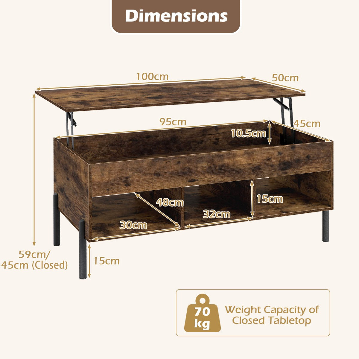 Livsk costway verhoogbare salontafel verhoogbare salontafel met breed tafelblad verborgen opbergvak en 3 open opbergvakken bruin