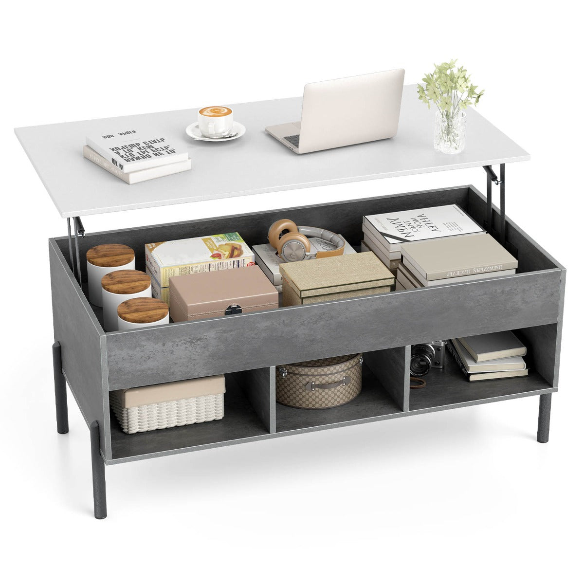 Livsk costway verhoogbare salontafel verhoogbare salontafel met breed tafelblad verborgen opbergvak en 3 open opbergvakken grijs 1