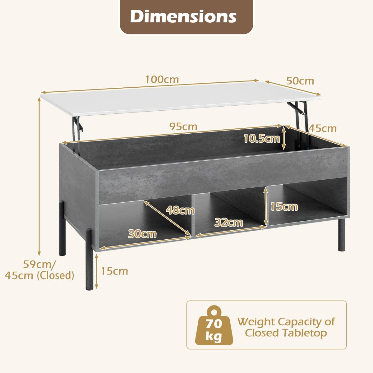 Livsk costway verhoogbare salontafel verhoogbare salontafel met breed tafelblad verborgen opbergvak en 3 open opbergvakken grijs