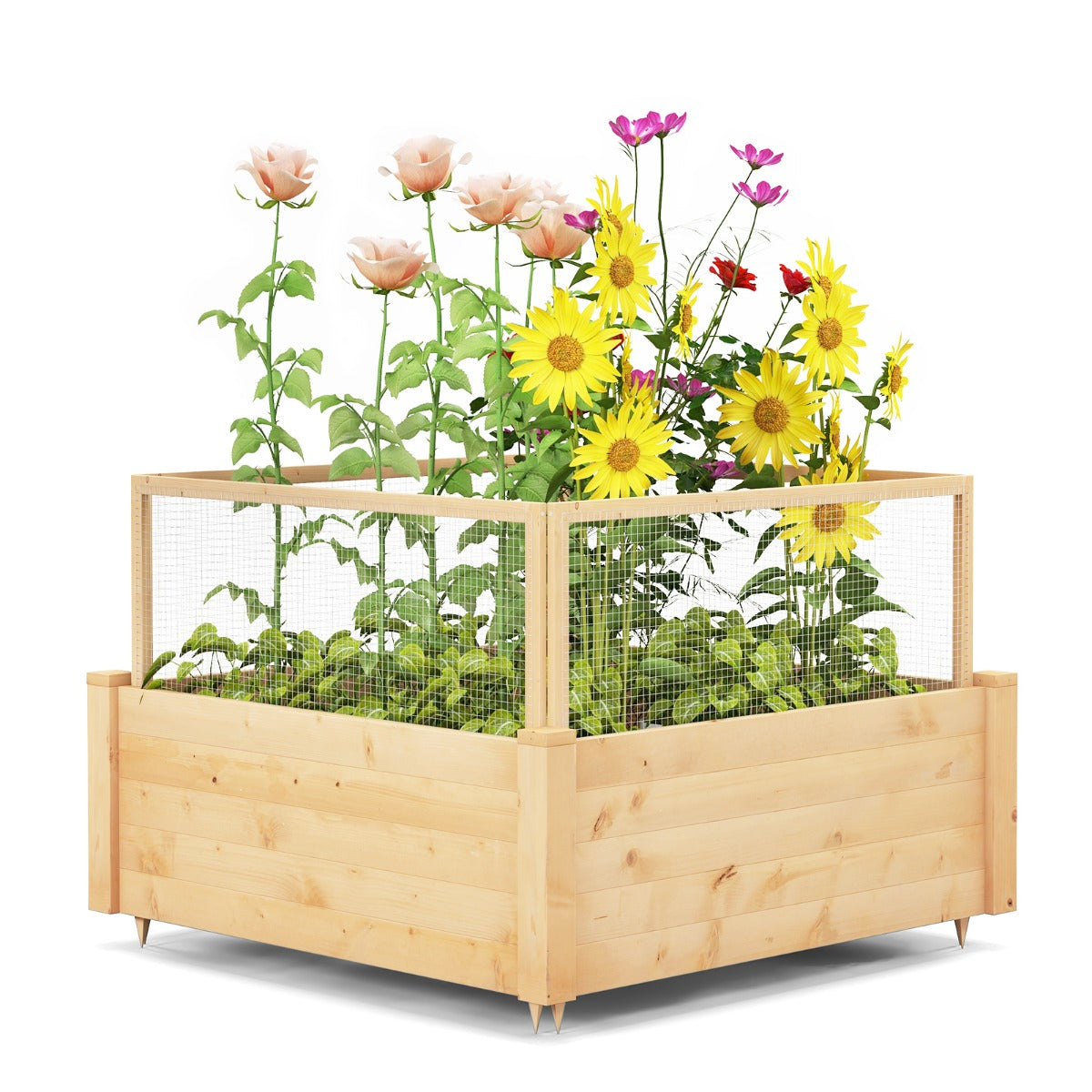 LIVSK Verhoogd Plantenbed van Dennenhout - 9 Verstelbare Roosters - 4-Zijdige Omheining - Voor Tuin en Balkon - 107 x 107 x 70 cm