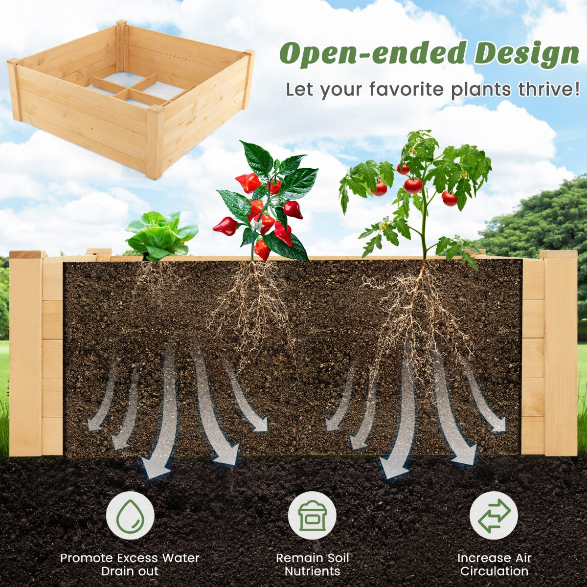 LIVSK Verhoogd Plantenbed van Dennenhout - 9 Verstelbare Roosters - 4-Zijdige Omheining - Voor Tuin en Balkon - 107 x 107 x 70 cm