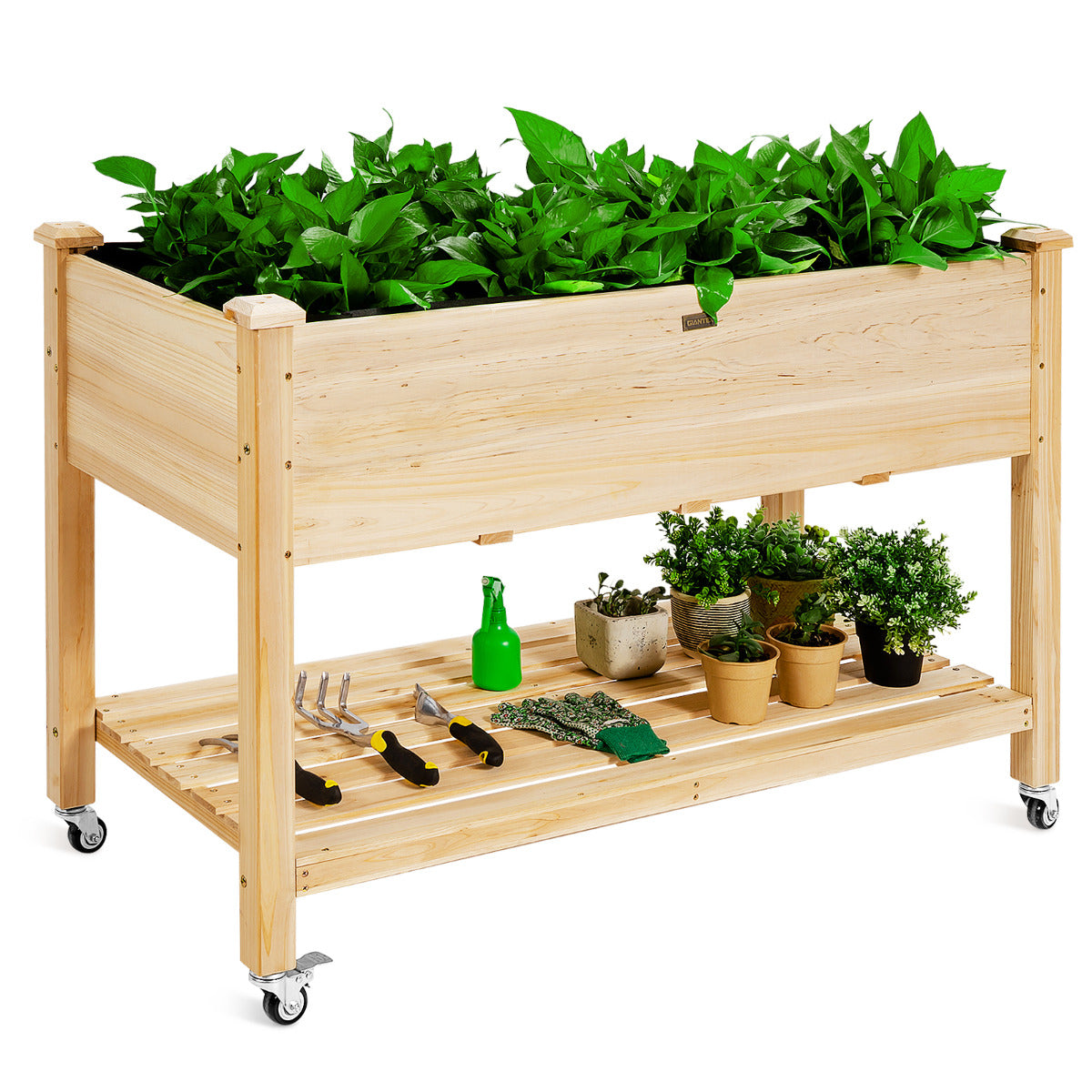 LIVSK Verhoogde Plantenbak met Opbergvak - Massief Dennenhout - Drainagegaten - Vergrendelbare Wielen - 120 x 59 x 84 cm -