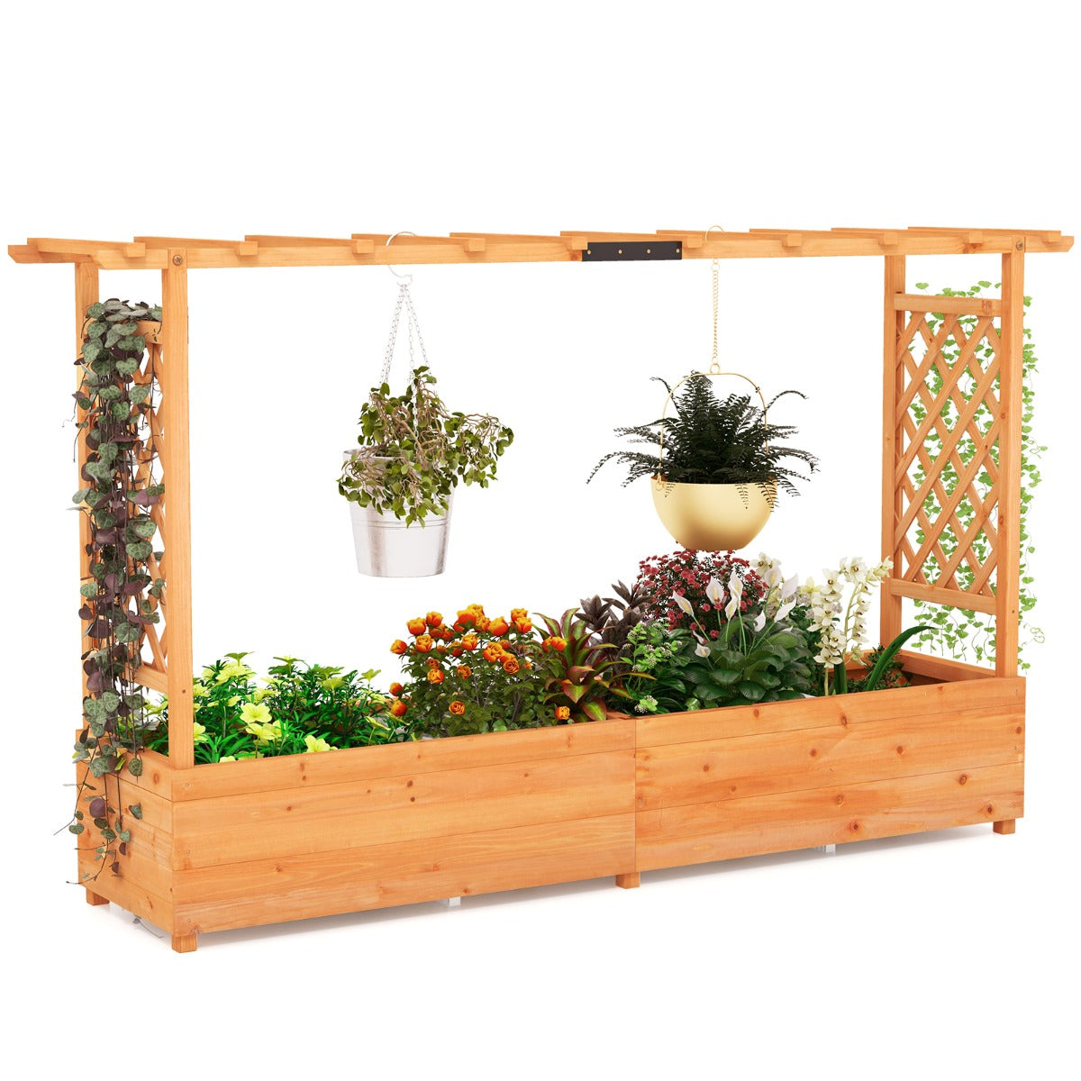 LIVSK Plantenbak met Trellis - 100% Natuurlijk Dennenhout - Waterafvoer - Geschikt voor Binnen en Buiten - 200 x 44 x 114 cm -