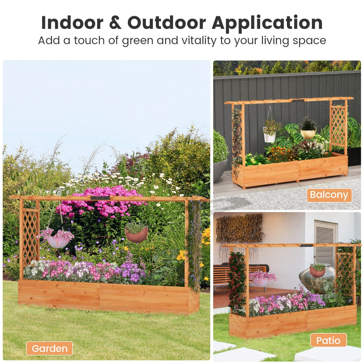 LIVSK Plantenbak met Trellis - 100% Natuurlijk Dennenhout - Waterafvoer - Geschikt voor Binnen en Buiten - 200 x 44 x 114 cm -