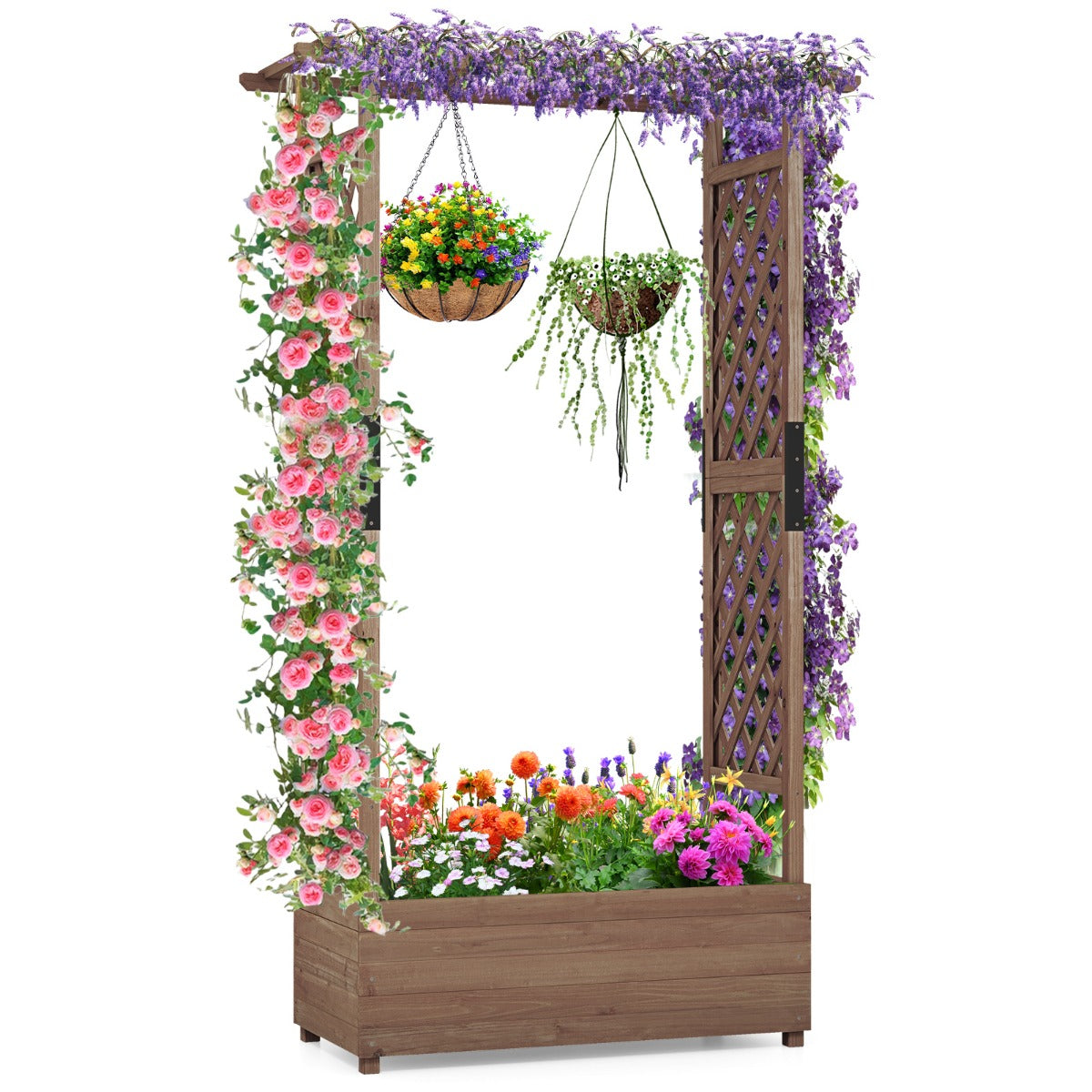 LIVSK Verhoogd Bloembed met Rankrooster - Natuurlijk Dennenhout - Voldoende Plantoppervlak - Waterafvoer - 110 x 44 x 182 cm -