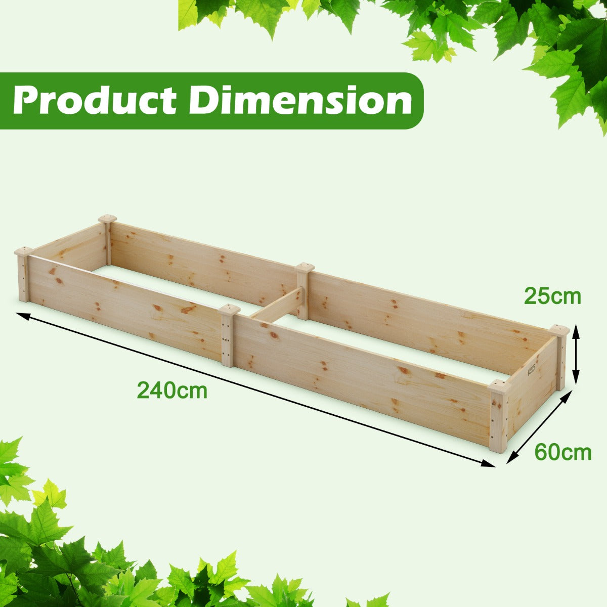 LIVSK Verhoogde Plantenbak - Massief Dennenhout - Eenvoudige Montage - Open Bodem voor Optimale Groei - 240 x 60 x 25 cm - Natuur