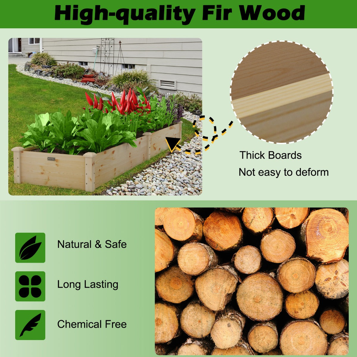 LIVSK Verhoogde Plantenbak - Massief Dennenhout - Eenvoudige Montage - Open Bodem voor Optimale Groei - 240 x 60 x 25 cm - Natuur