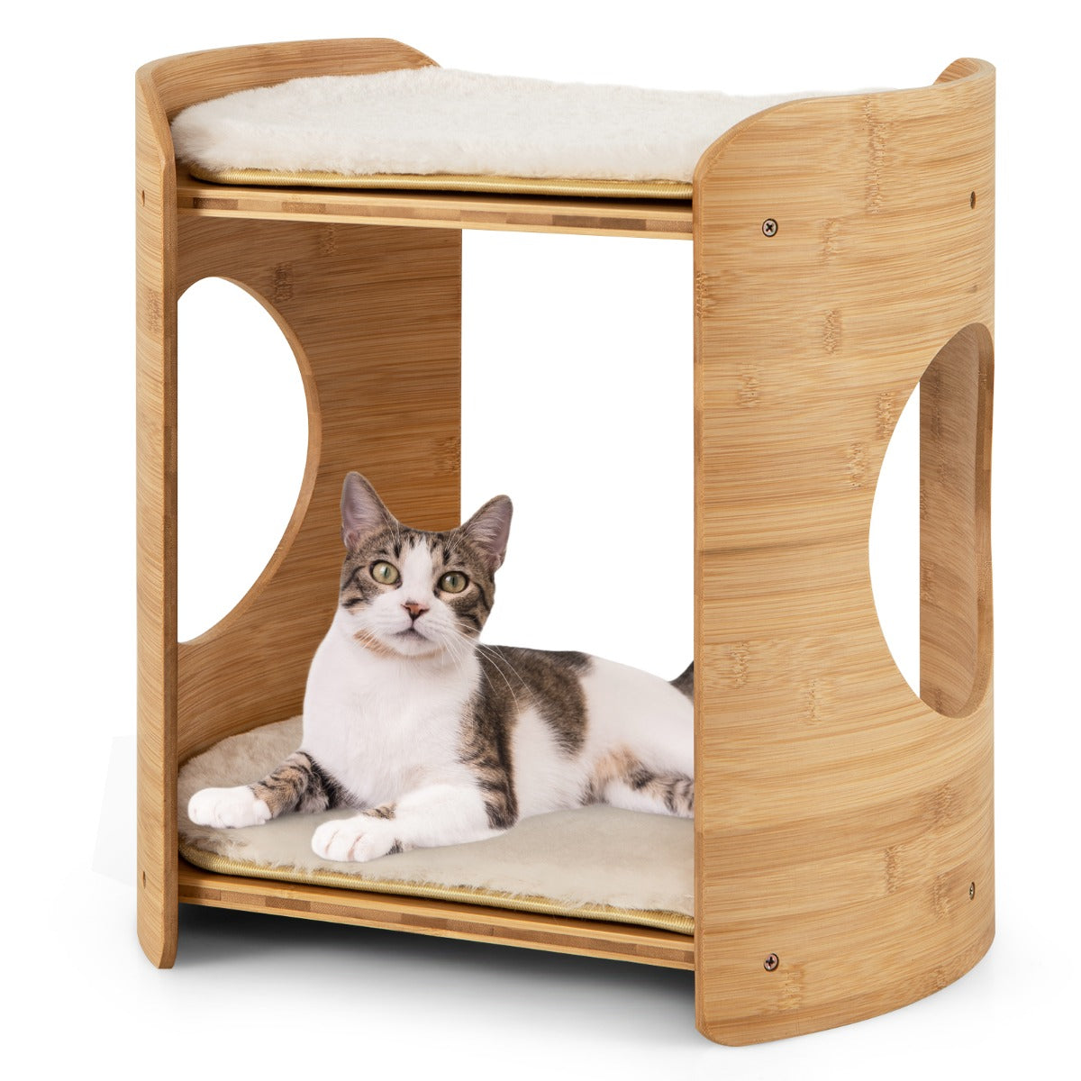 Livsk costway verhoogd kattenbed schattige kleine kattenboom met 2 niveaus voor binnenkatten met frame van natuurlijk bamboe natuurlijk