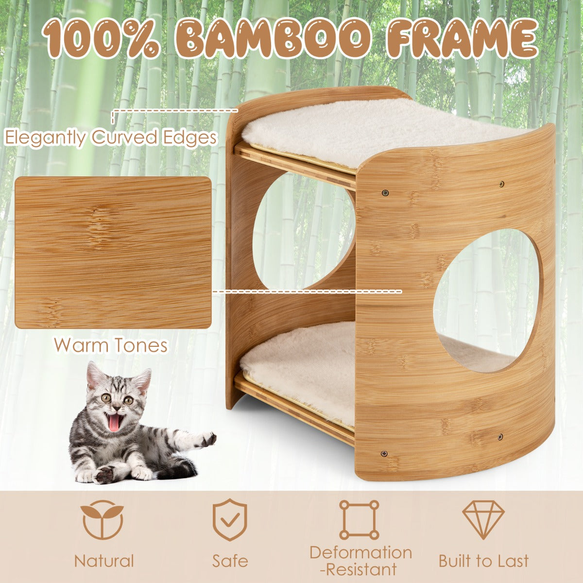 Livsk costway verhoogd kattenbed schattige kleine kattenboom met 2 niveaus voor binnenkatten met frame van natuurlijk bamboe natuurlijk 5