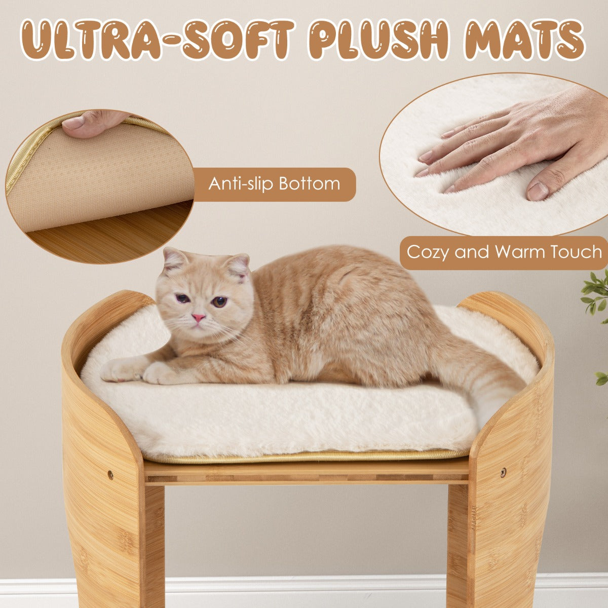 Livsk costway verhoogd kattenbed schattige kleine kattenboom met 2 niveaus voor binnenkatten met frame van natuurlijk bamboe natuurlijk 6