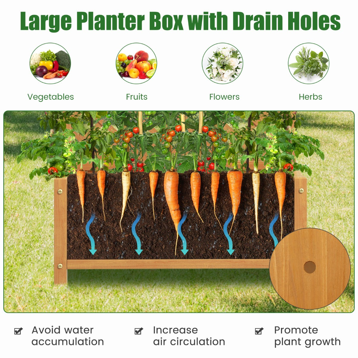 LIVSK Verhoogd Tuinbed met Hekwerk - Diepe Plantenbak met Drainage - 90 x 44,5 x 180,5 cm - Geschikt voor Binnen en Buiten -