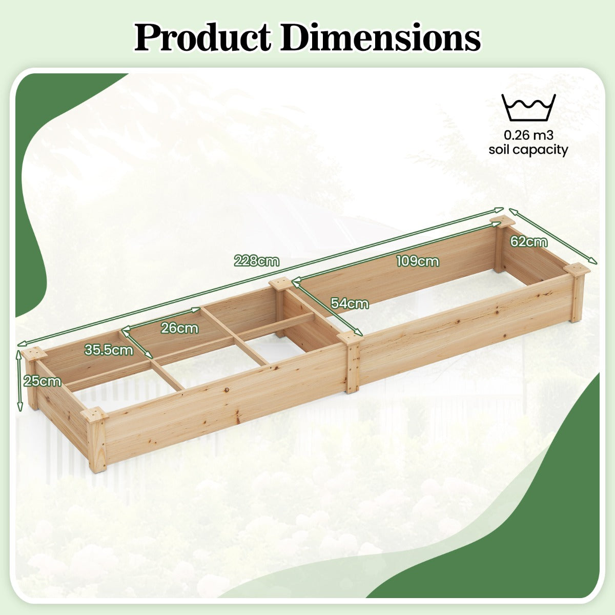 LIVSK Grote Verhoogde Houten Plantenbak - 2 Compartimenten met Verdelers - Duurzaam Sparrenhout - Open Basis - 228 x 62 x 25 cm -