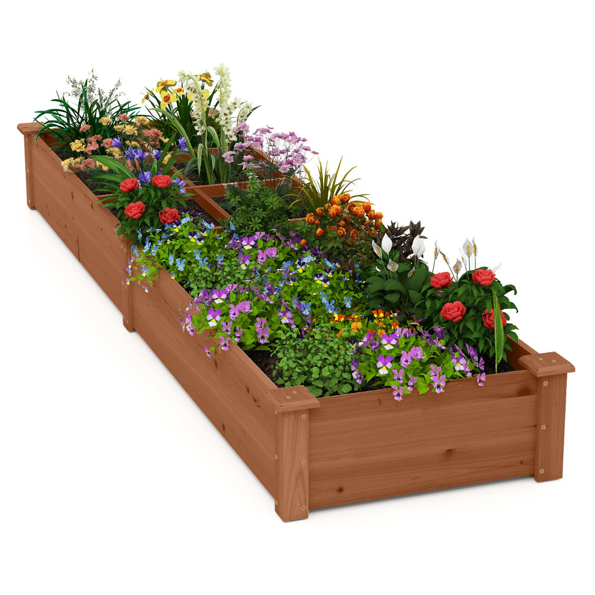 Livsk costway verhoogde houten tuinbak met 2 bloembakken en verdelers 228 cm massief houten tuinbak voor bloemen groenten fruit bruin 1 1