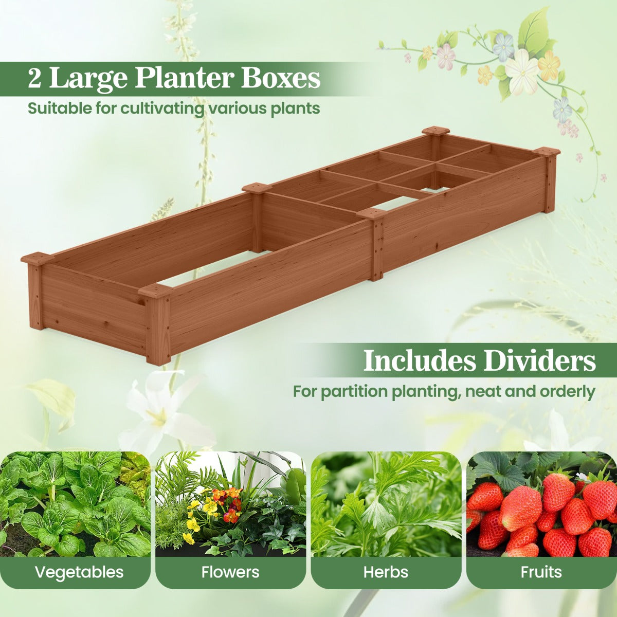Livsk costway verhoogde houten tuinbak met 2 bloembakken en verdelers 228 cm massief houten tuinbak voor bloemen groenten fruit bruin 3