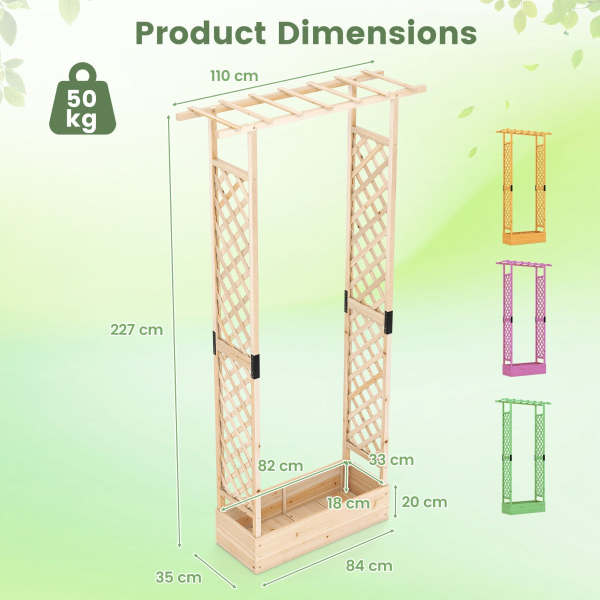 Livsk costway verhoogde houten tuinbak met latwerk en hangend dak afwateringsgaten plantenbak van vurenhout 110 x 35 x 227 cm 1
