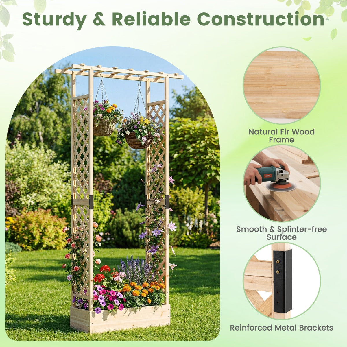 Livsk costway verhoogde houten tuinbak met latwerk en hangend dak afwateringsgaten plantenbak van vurenhout 110 x 35 x 227 cm