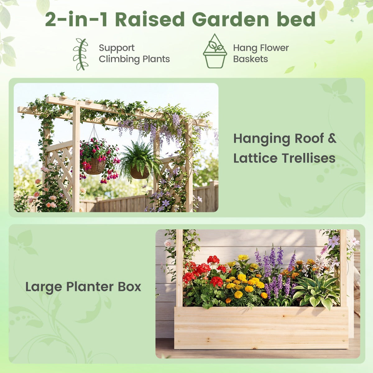 Livsk costway verhoogde houten tuinbak met latwerk en hangend dak afwateringsgaten plantenbak van vurenhout 110 x 35 x 227 cm