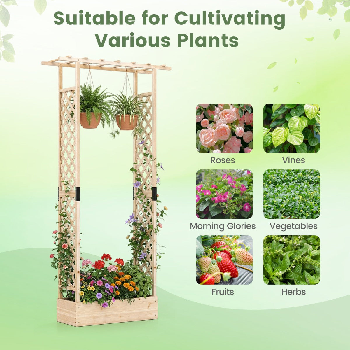 Livsk costway verhoogde houten tuinbak met latwerk en hangend dak afwateringsgaten plantenbak van vurenhout 110 x 35 x 227 cm